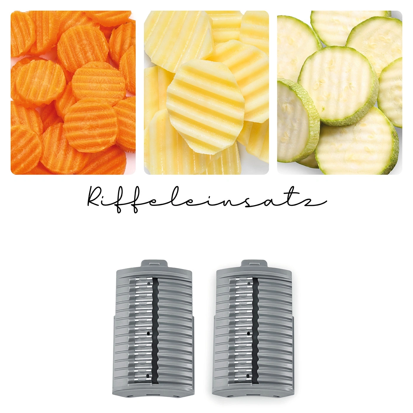 Gemüse, Kartoffeln, Zucchini und zwei graue Küchengeräte. Riffleinsatz.