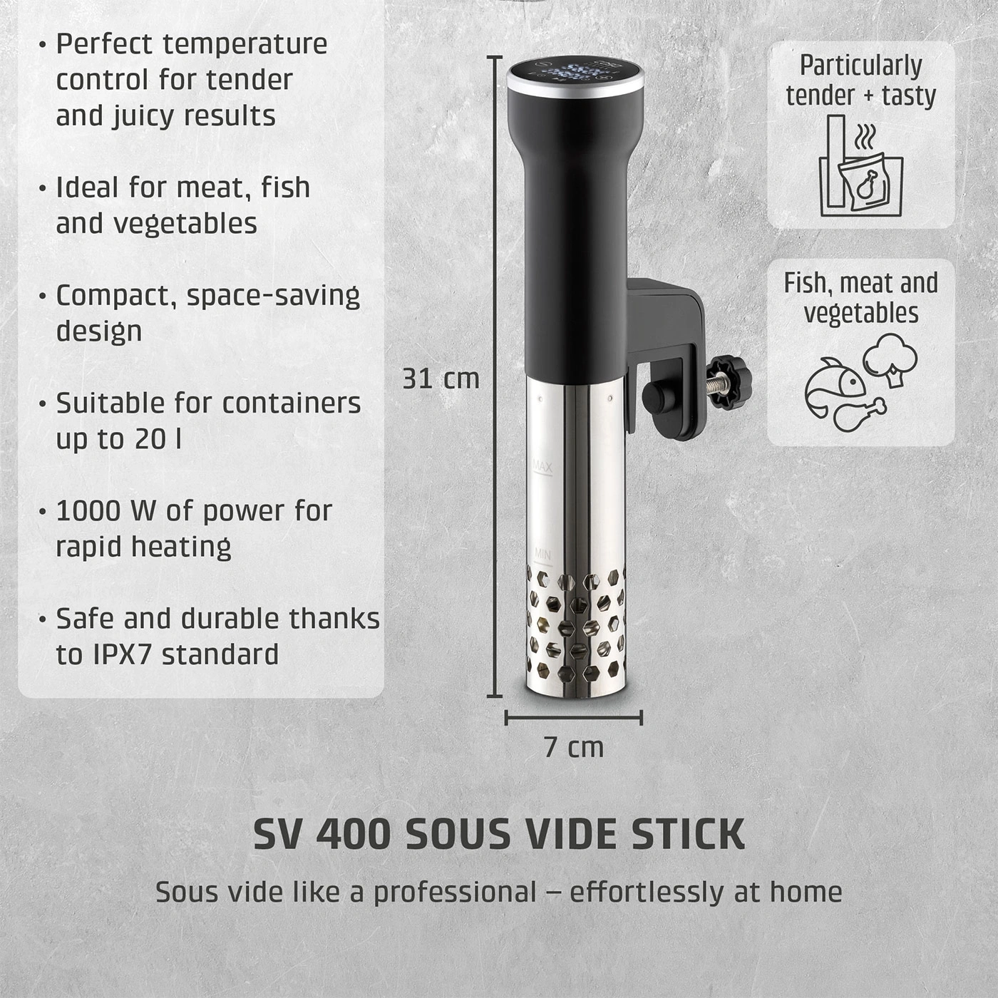 Sous Vide Stick with detailed product features and dimensions.