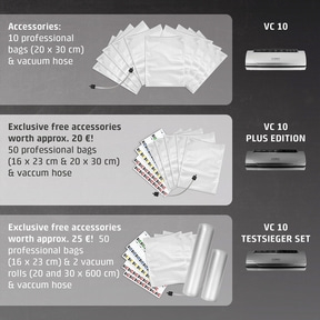 Vacuum sealer accessory sets: VC 10, Plus Edition, Testsieger Set with bags and hoses.