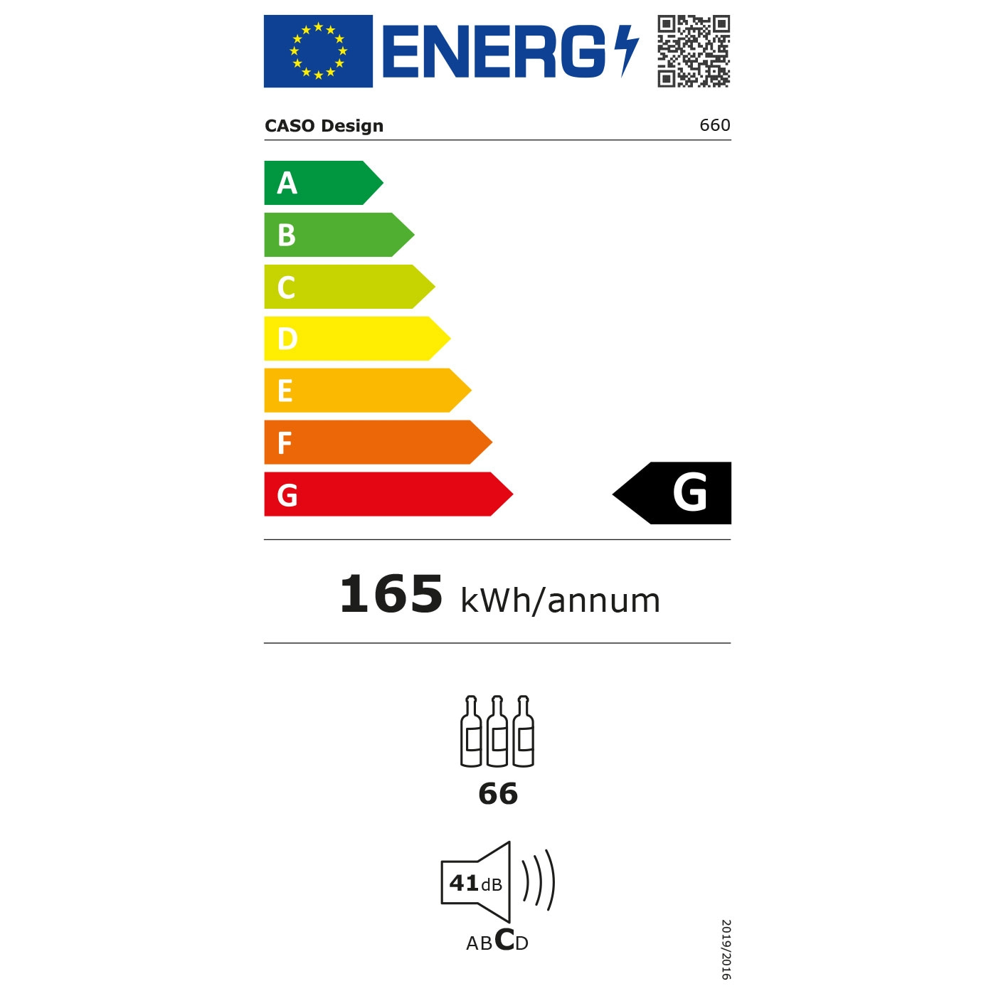 Energy label for wine cooler with energy efficiency class G, 165 kWh/annum, 41 dB