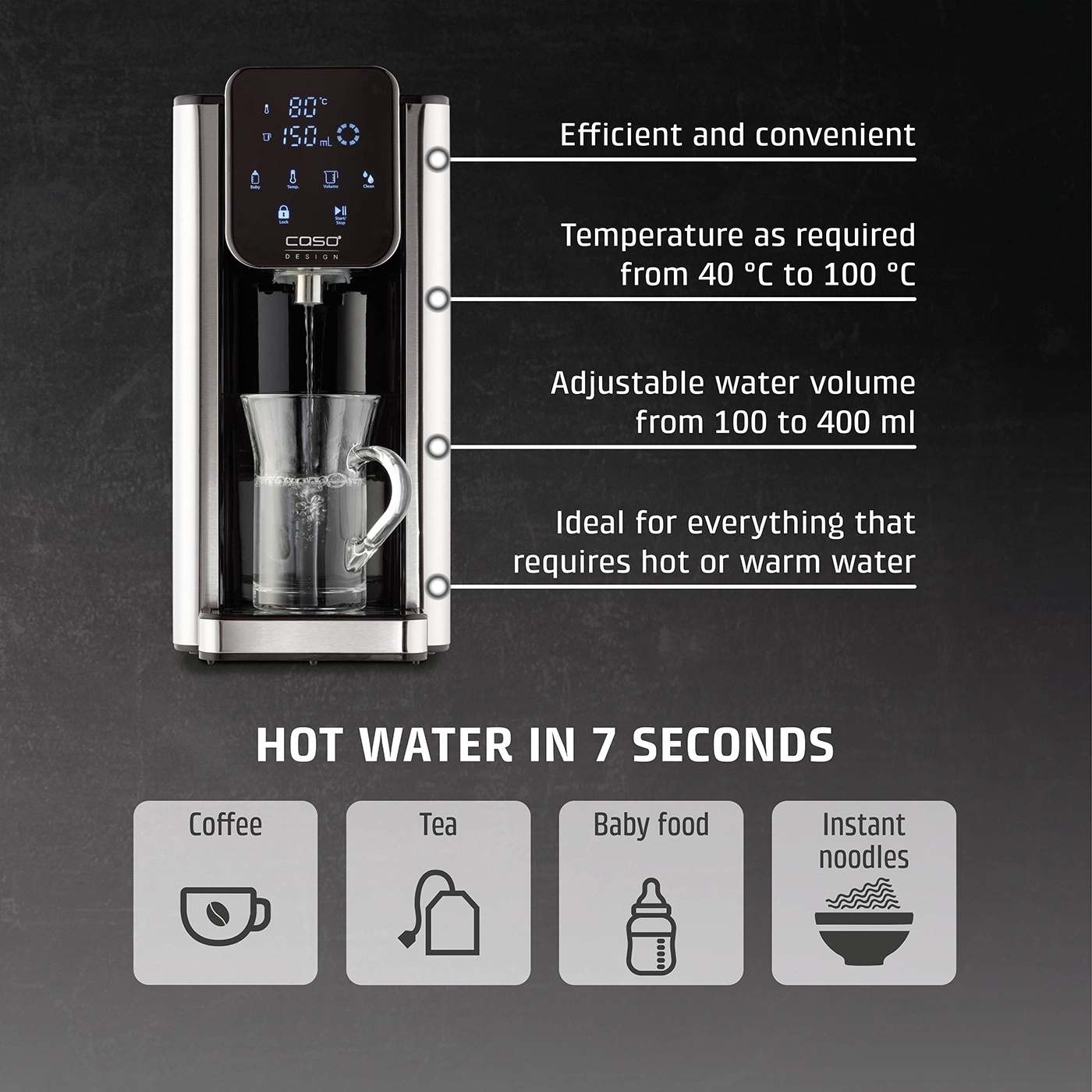 Hot water dispenser with temperature control and various applications like coffee and tea.