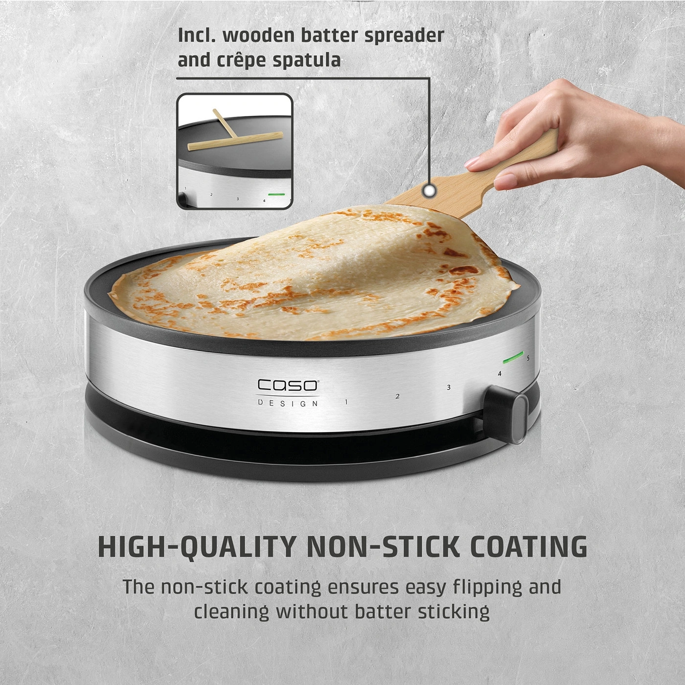 Crepe maker with wooden spatula and batter spreader