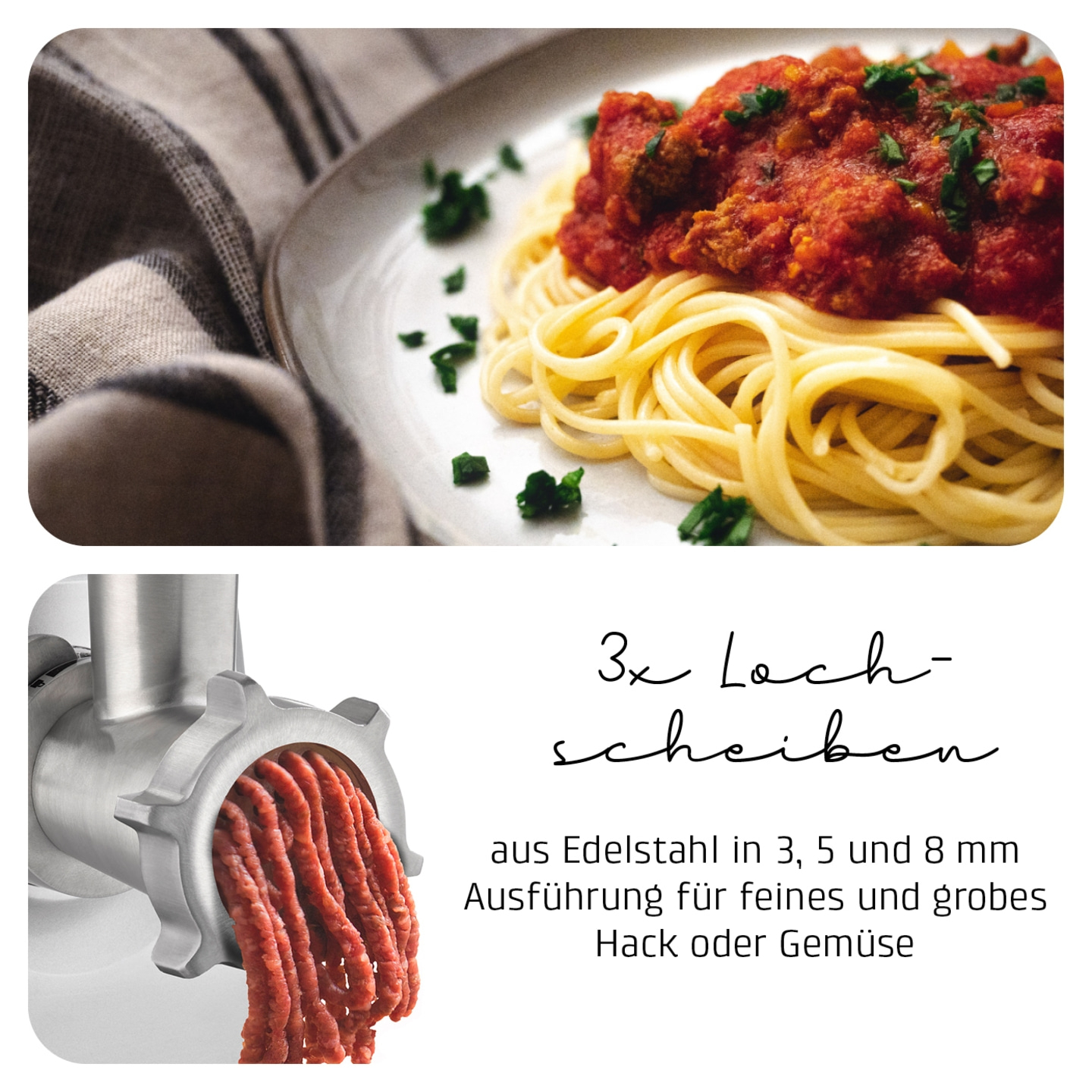 Spaghetti mit Hackfleisch und Fleischwolf mit Text über Lochscheiben aus Edelstahl.