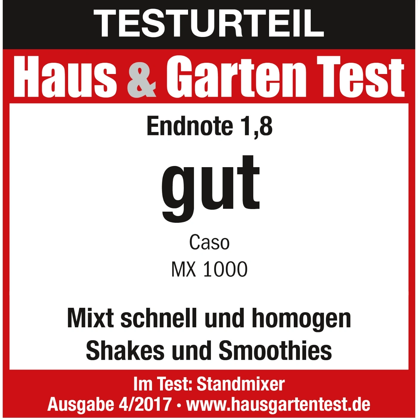 Testurteil Haus & Garten Test, Endnote 1,8, gut, Caso MX 1000, Standmixer