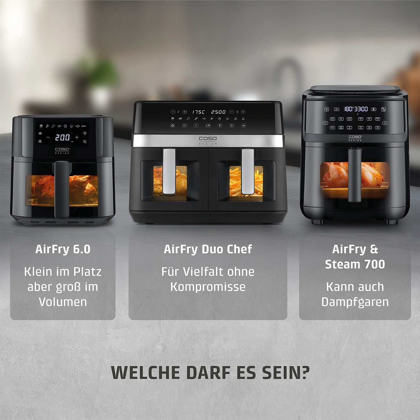 Three air fryer models: AirFry 6.0, Duo Chef, and Steam 700. Choices for healthy cooking.