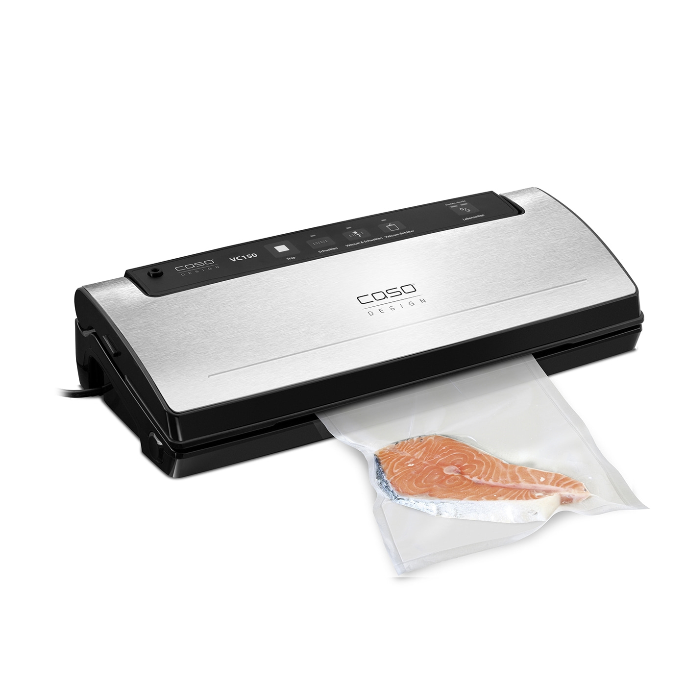 Vacuum sealer with salmon in a plastic bag, ready for vacuuming and sealing.