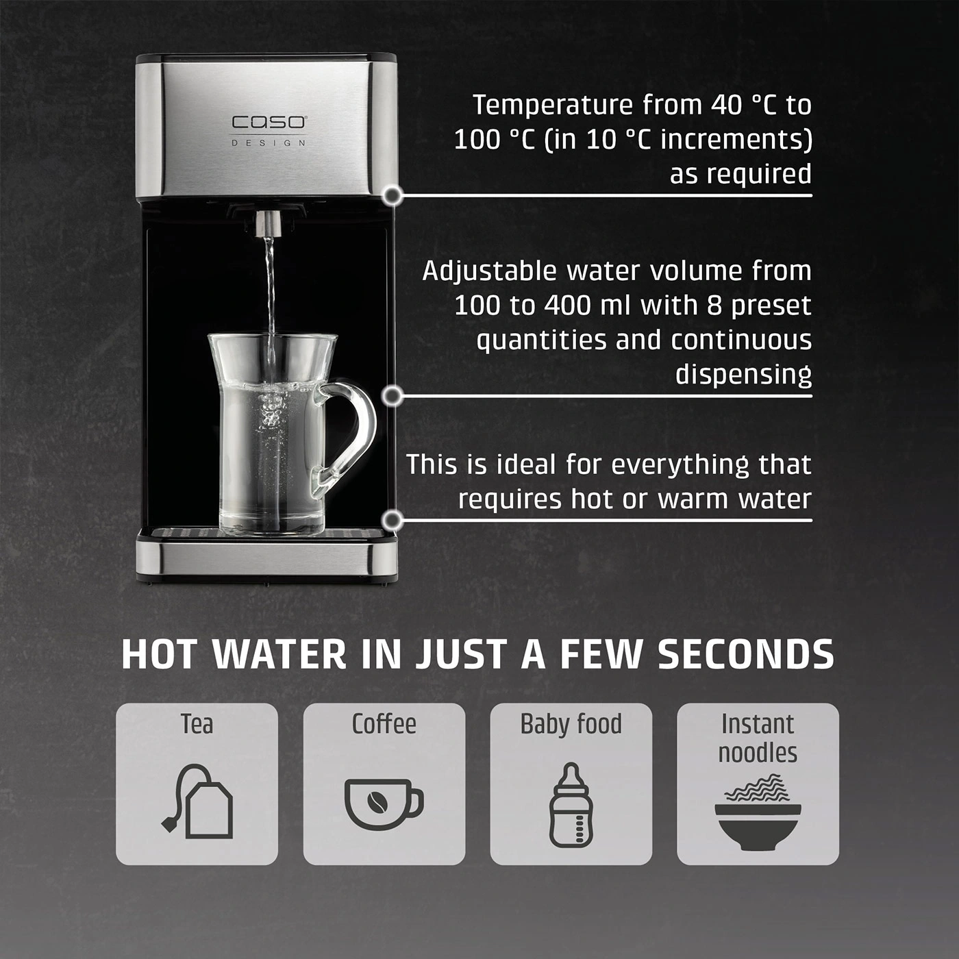 A hot water dispenser for hot water in seconds, ideal for tea, coffee, baby food, and instant noodles.