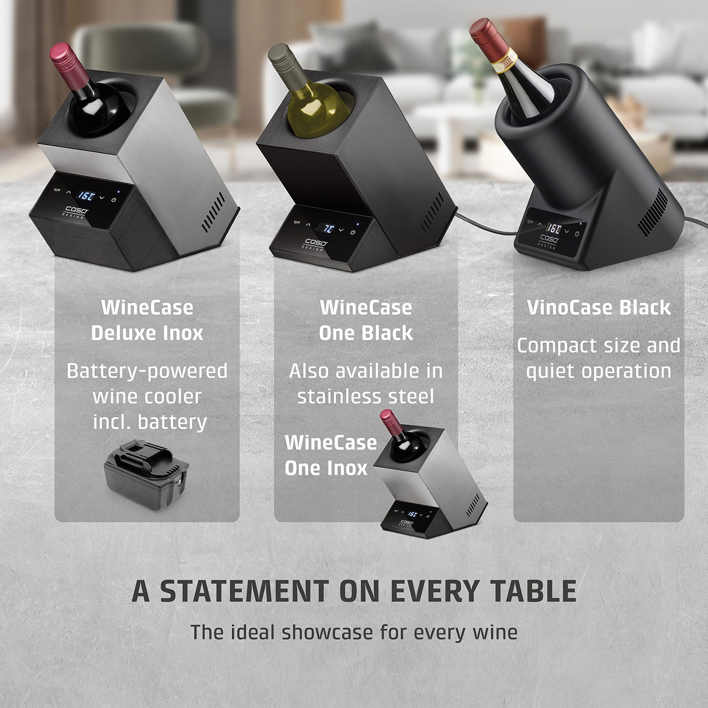 Wine cooler display: WineCase, VinoCase, stainless steel, battery, temperature display, table