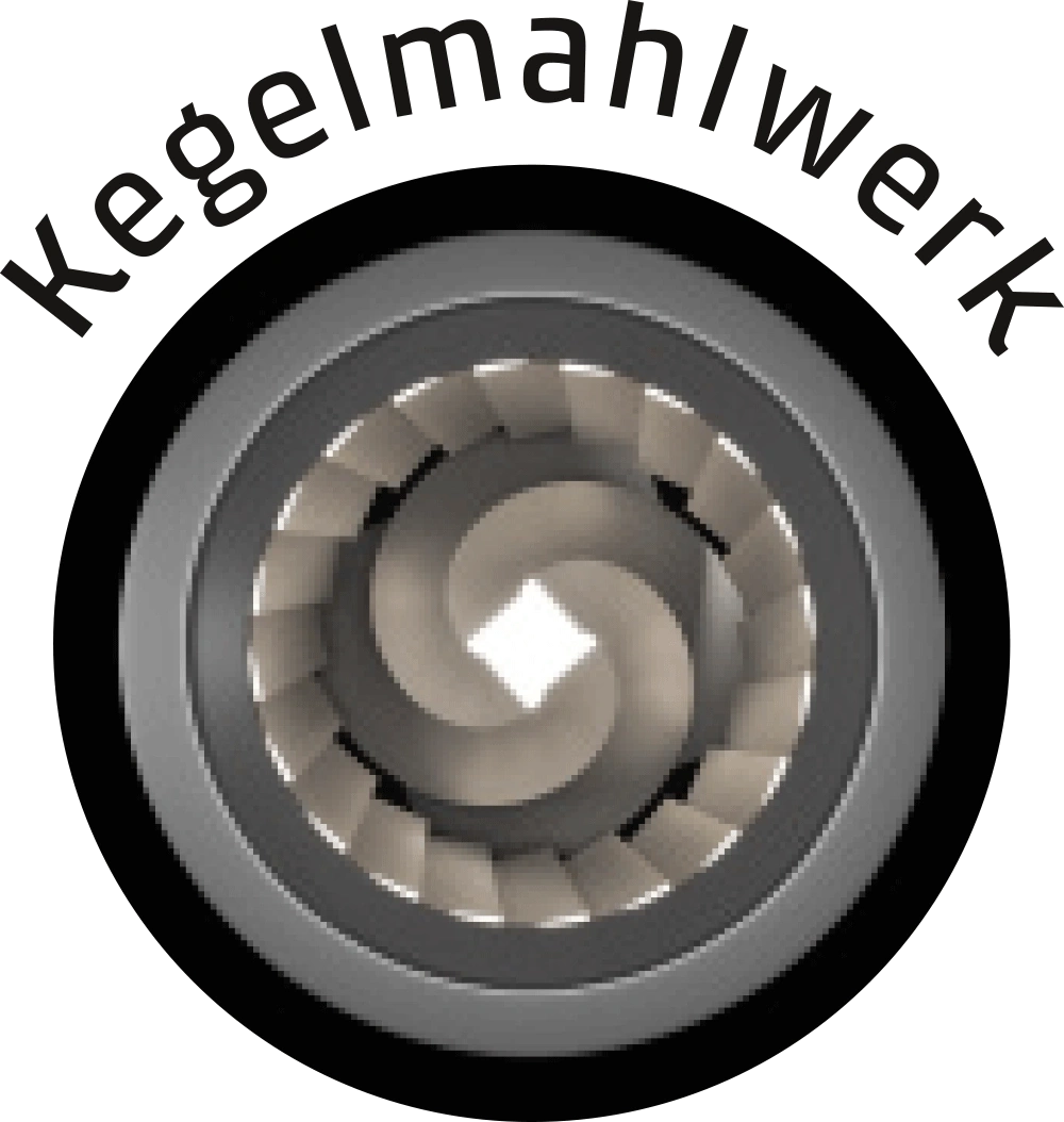 Kegelmahlwerk Logo, schwarzer Kreis, graue Details, weißer Hintergrund, Text