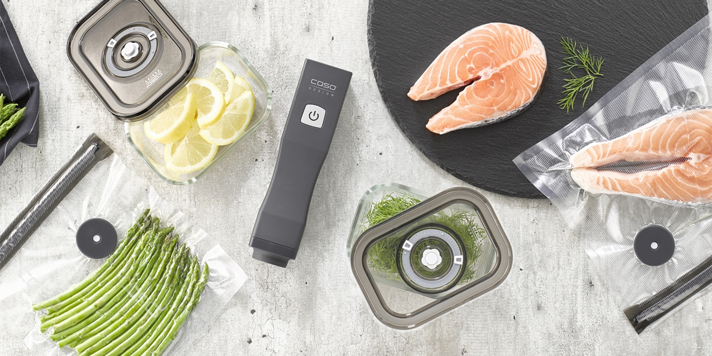 Lebensmittel, Vakuumierer, Behälter, Lachs, Spargel, Zitrone, Dill, Küche, frisch, Vakuum