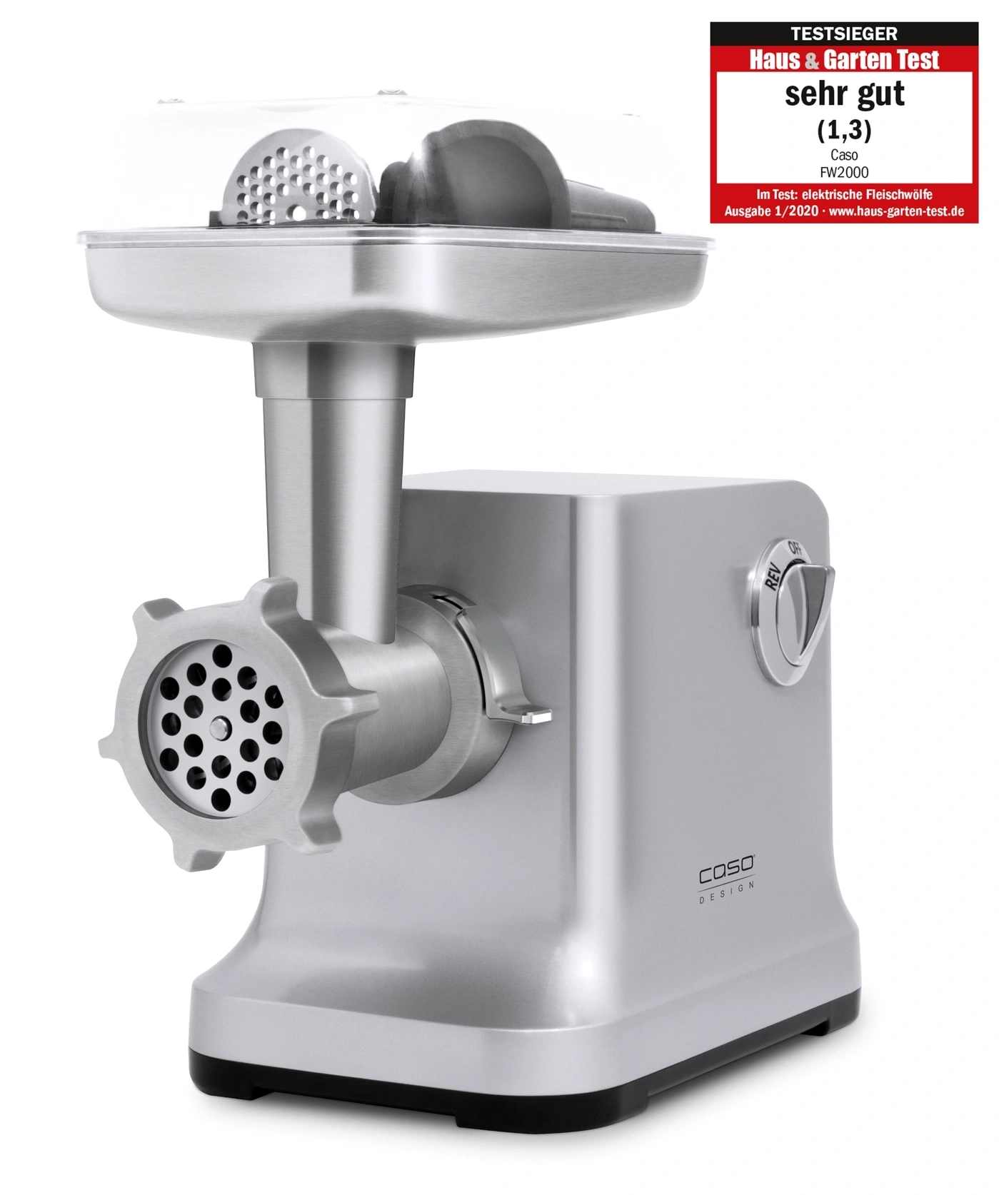 A silver meat grinder machine with the 'Haus & Garten Test' seal