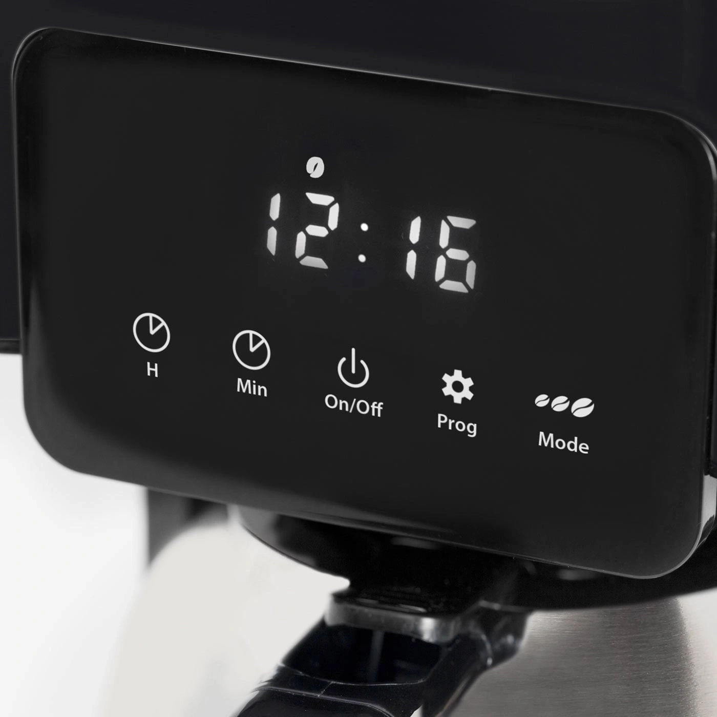 Coffee machine with digital display showing 12:16 and various function buttons for settings.