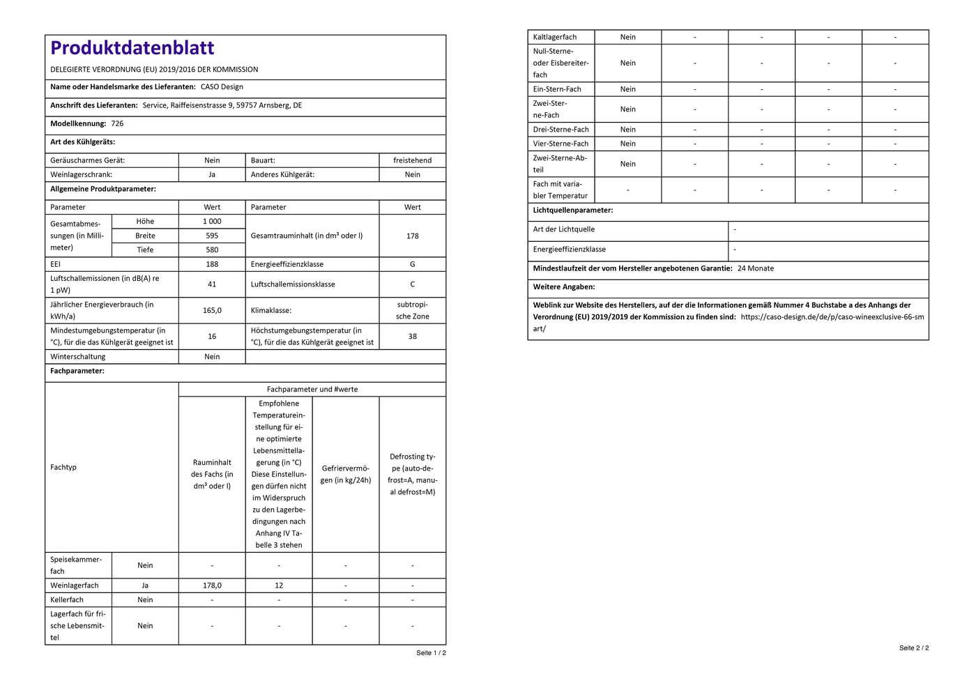 Produktdatenblatt mit technischen Daten des Kühlschranks, einschließlich Energieeffizienz und Abmessungen.