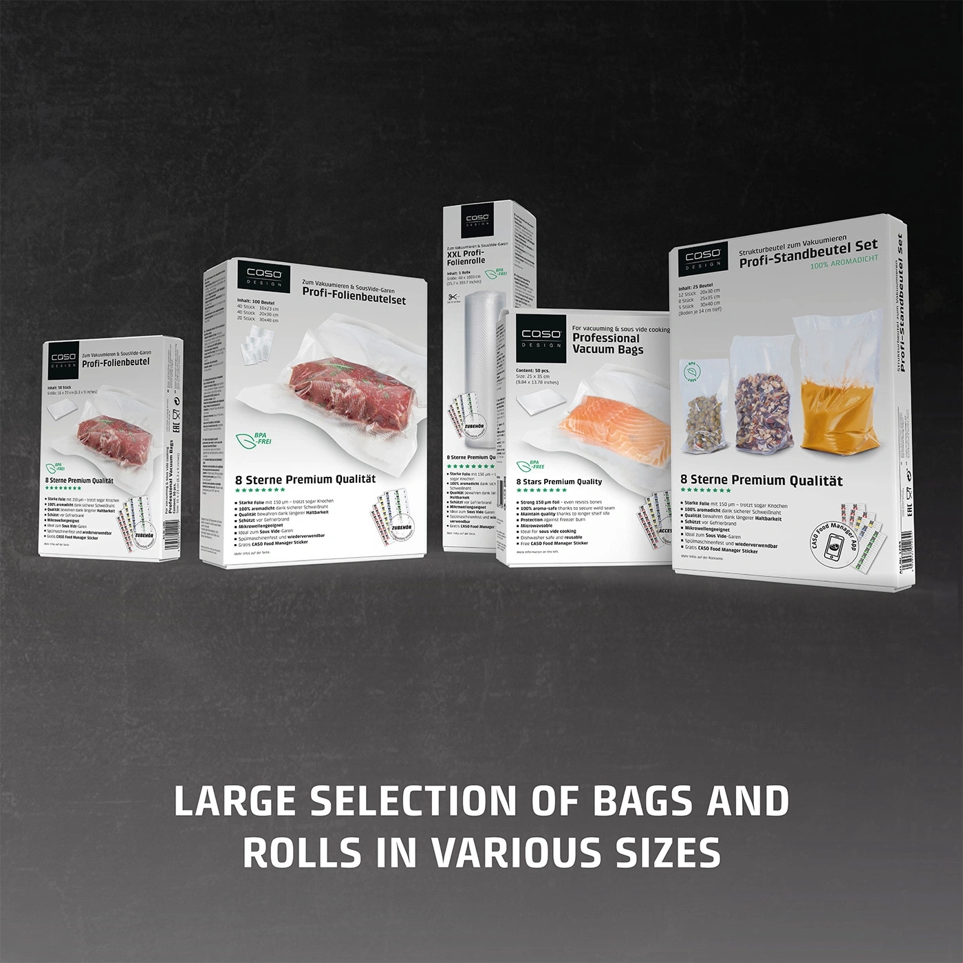 Vacuum bags and rolls in various sizes. Food packaging for preservation.