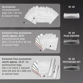 Vacuum sealer accessory sets: VC 10, VC 10 Plus Edition, VC 10 Test Winner Set with bags and hoses.