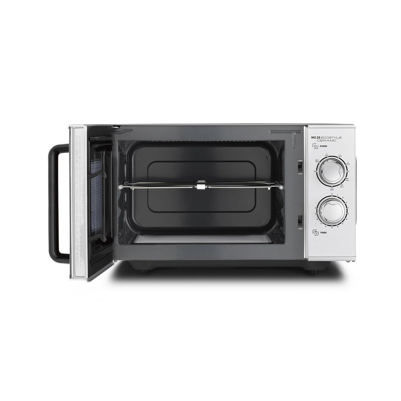 Microwave oven with open door, control panel and knobs, isolated on white background