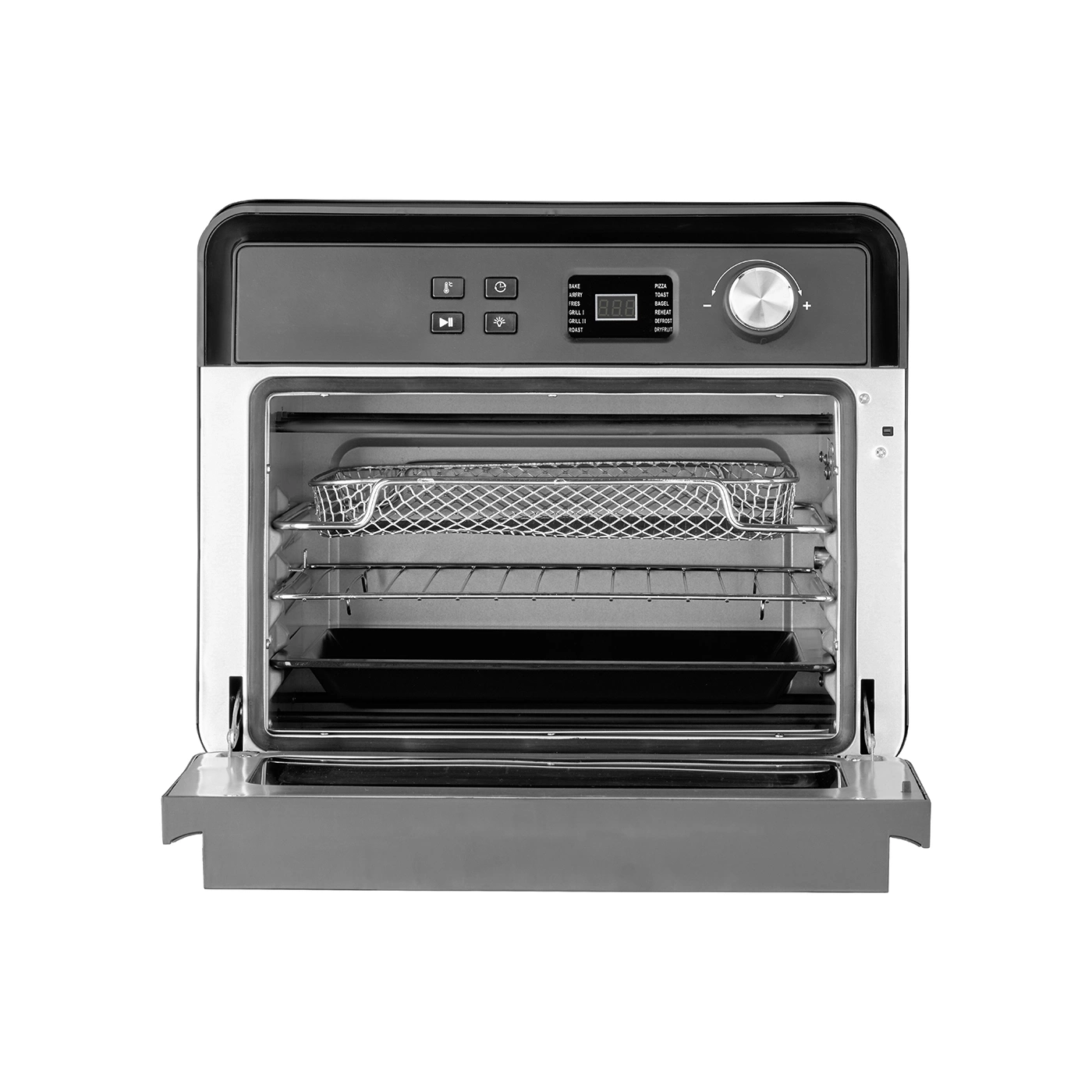 An open oven with a control panel and various cooking functions, such as bake and grill.