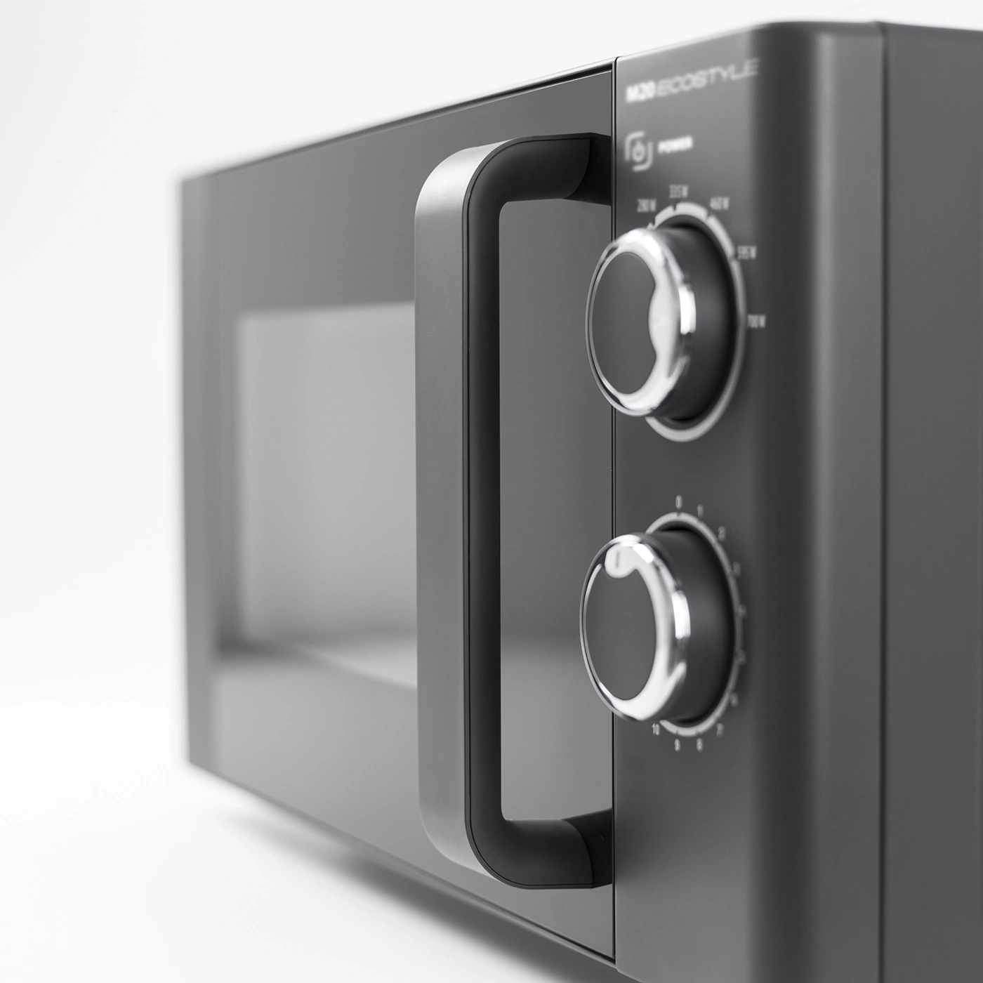 Microwave, gray, with knobs, handle, close-up, kitchen, appliance, modern.