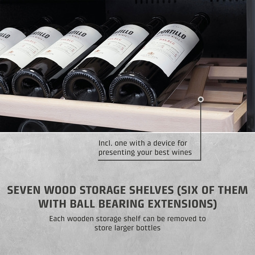 Wine cooler with wooden shelves and wine bottles, presentation device, Malbec wine