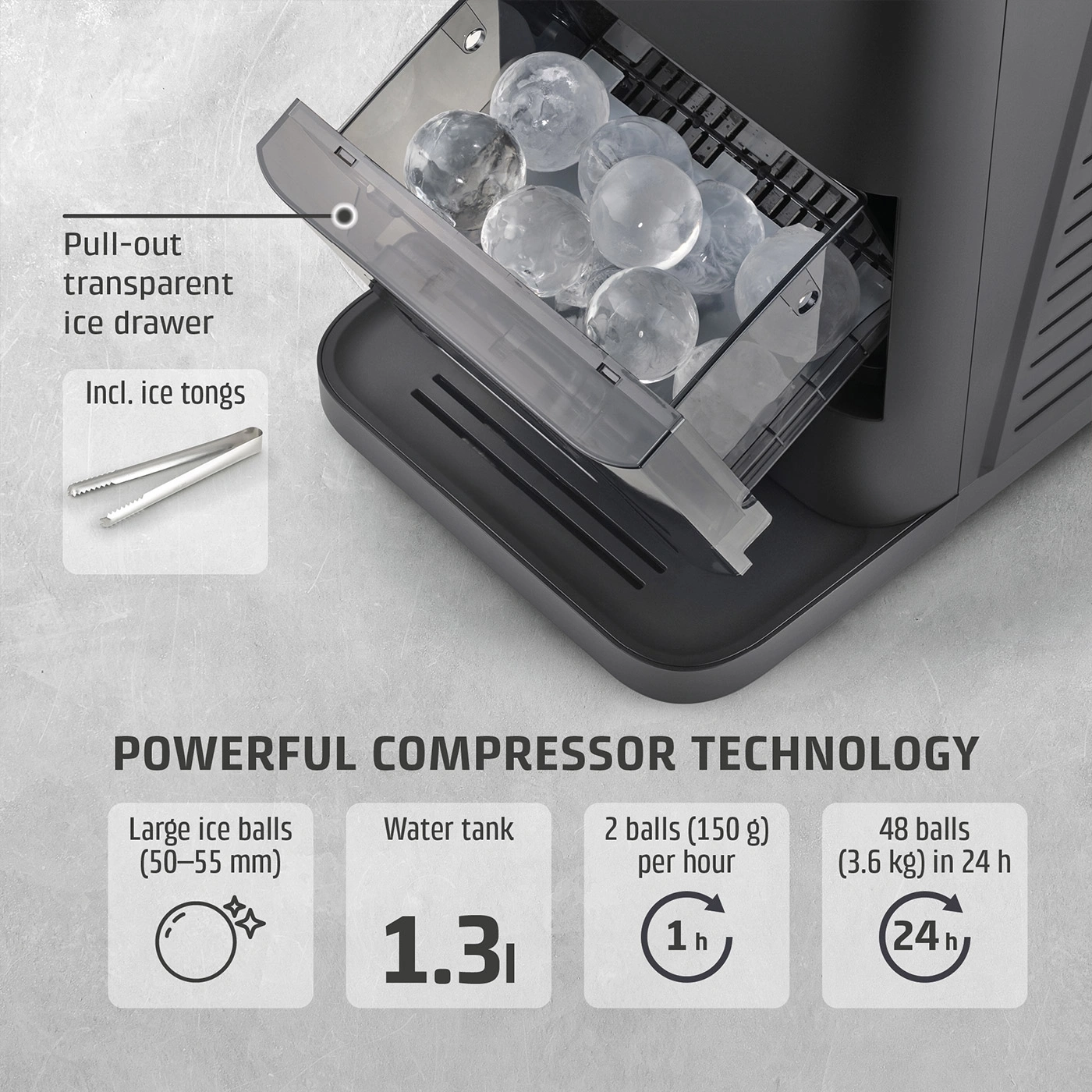 Ice maker with round ice cubes and tongs, powerful compressor technology