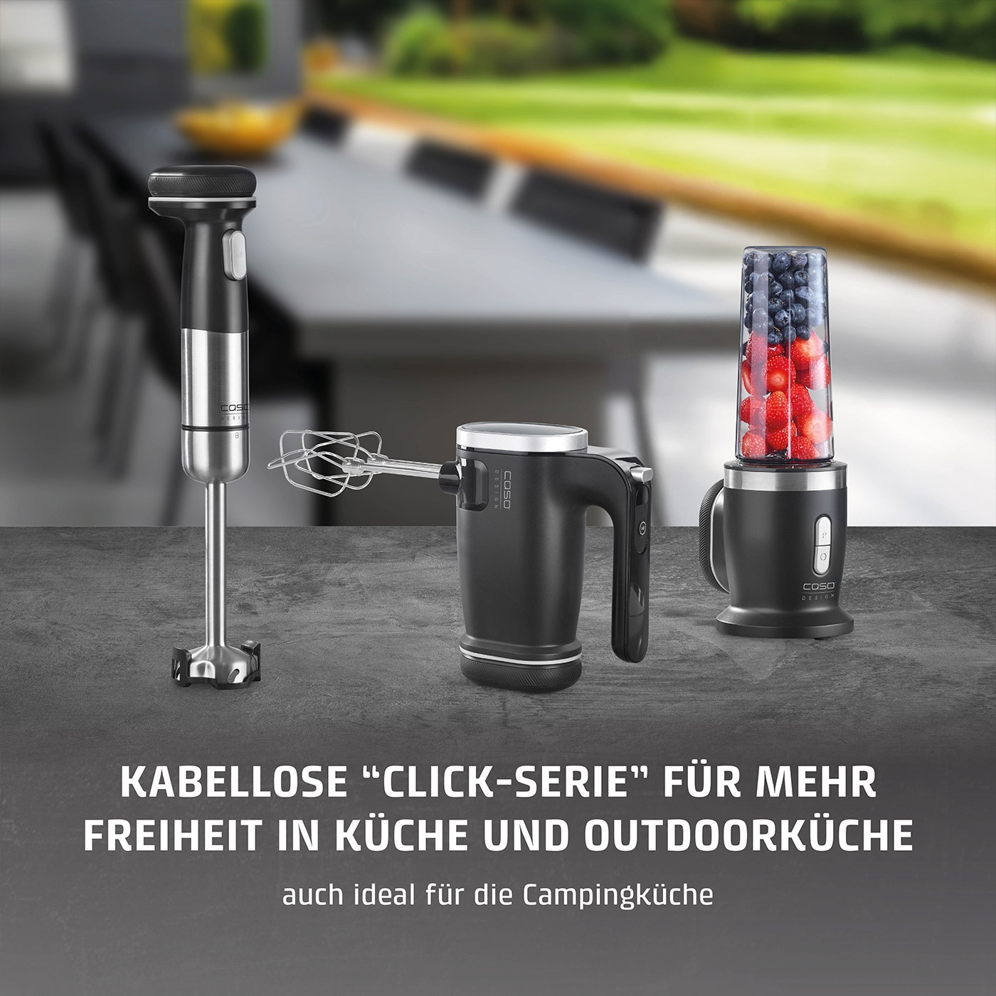 Küchengeräte-Set: Stabmixer, Handmixer und Smoothie-Maker für Küche und Camping.
