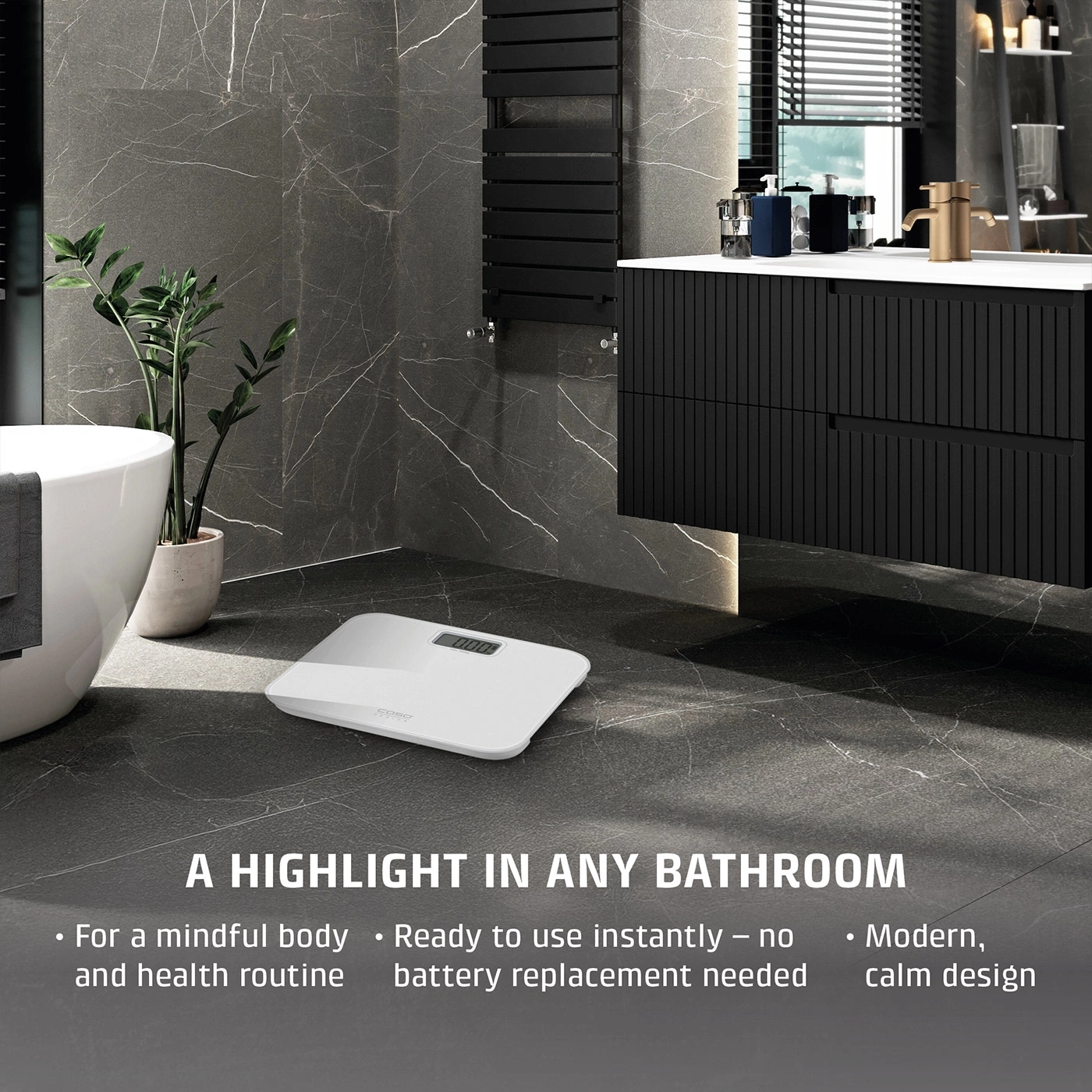A white bathroom scale in a modern bathroom setting.