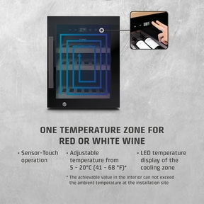 Wine cooler with temperature display and touch control for white or red wine.