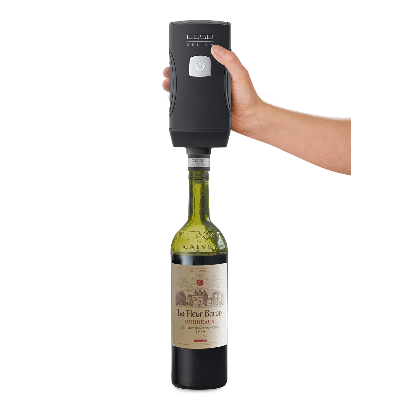 Wine bottle with wine pourer, La Fleur Baron Bordeaux, 2017, Caso Design