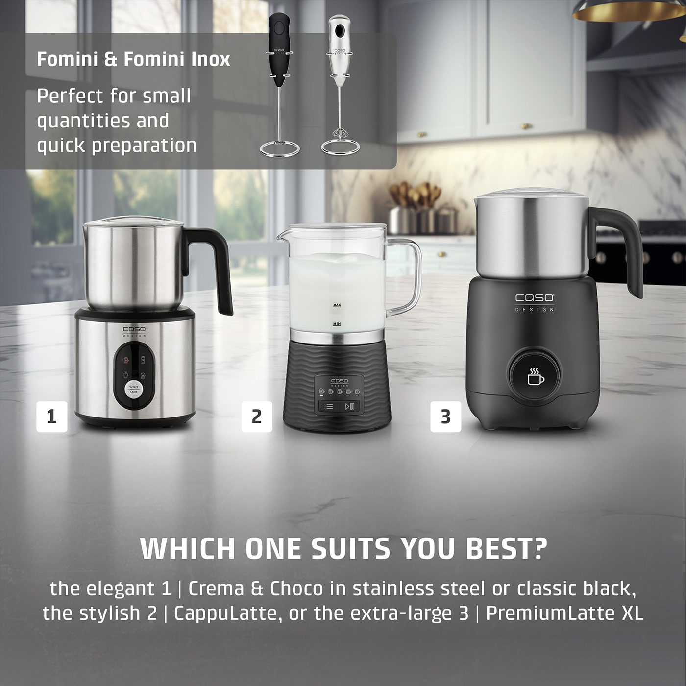 Milk frother product advertisement with three options: Crema & Choco, CappuLatte, PremiumLatte XL.