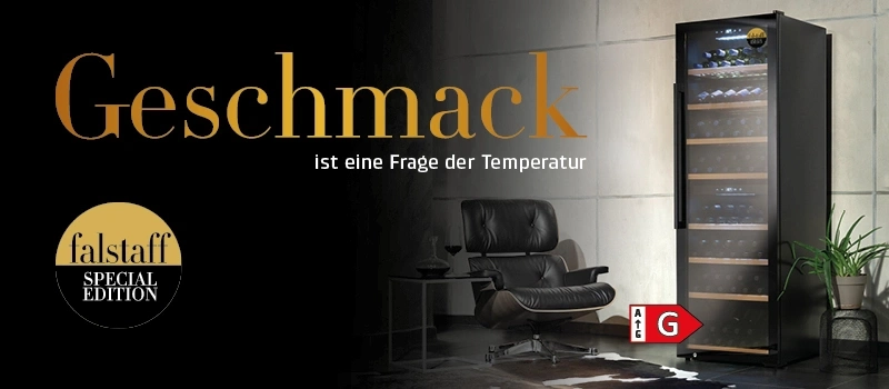 Wine cooler with armchair and text: Taste is a question of temperature.