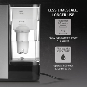 Water filter with text about less limescale and longer use, 4-6 weeks.