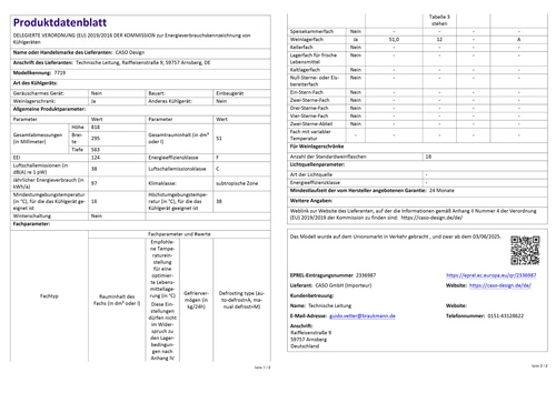 Produktdatenblatt Kühlschrank CASO Design, technische Daten, Energieeffizienzklasse F, Weinlagerfach