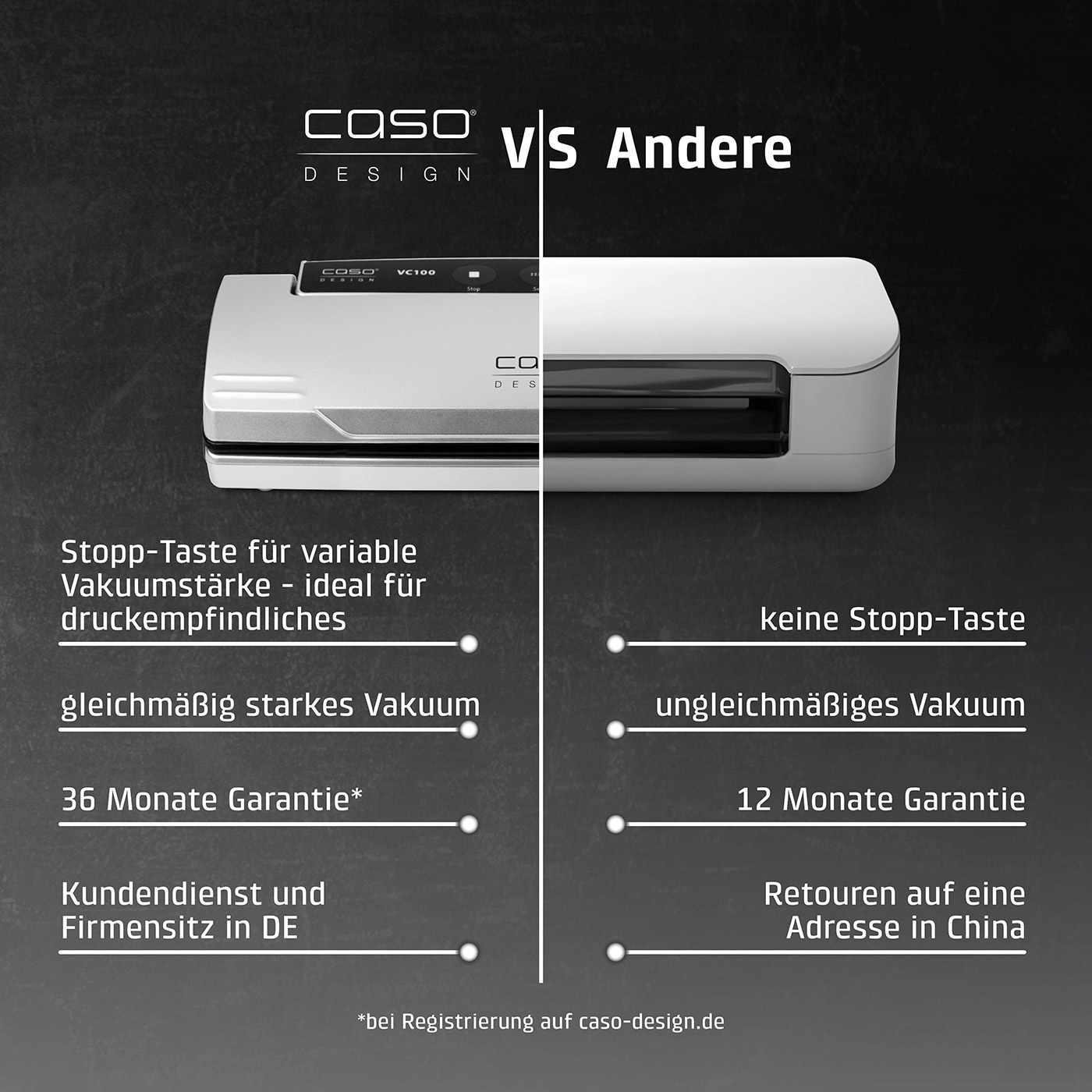 Vergleich Caso Vakuumierer mit anderen: Stopp-Taste, Garantie, Kundendienst, Retouren.