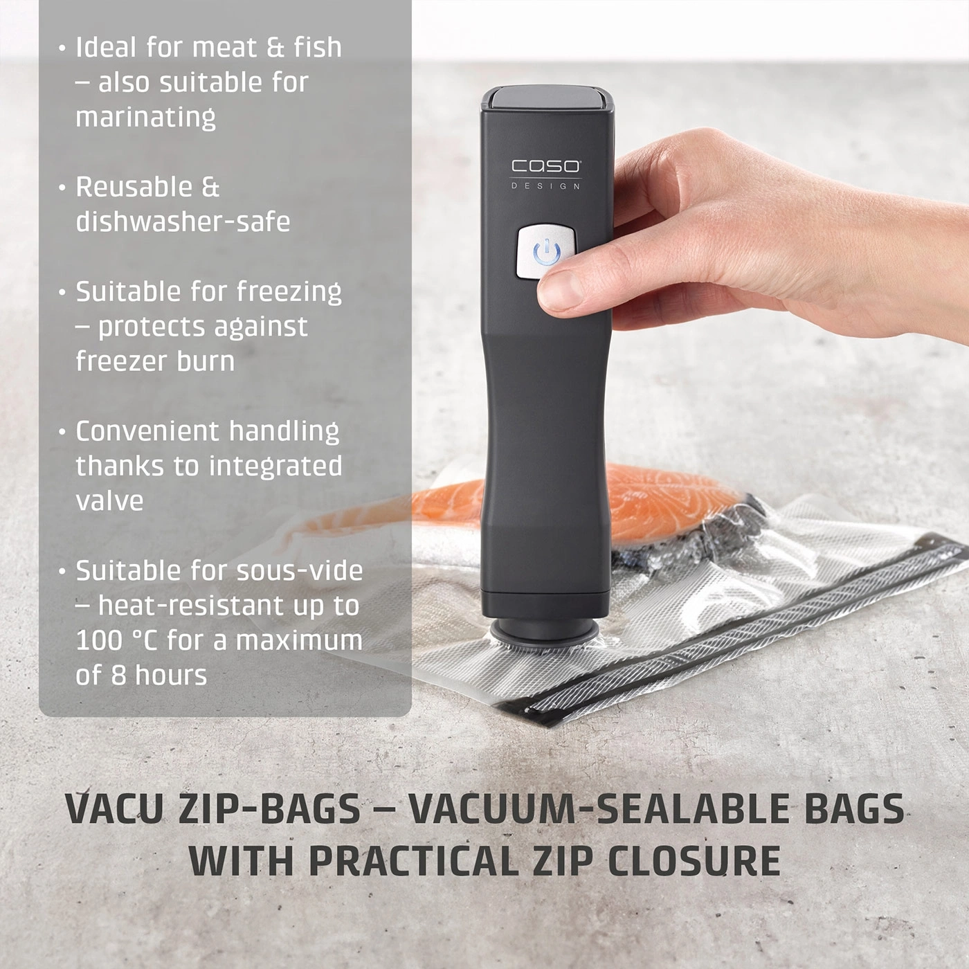 Vacuum sealer with bags, ideal for meat and fish, reusable and dishwasher safe.