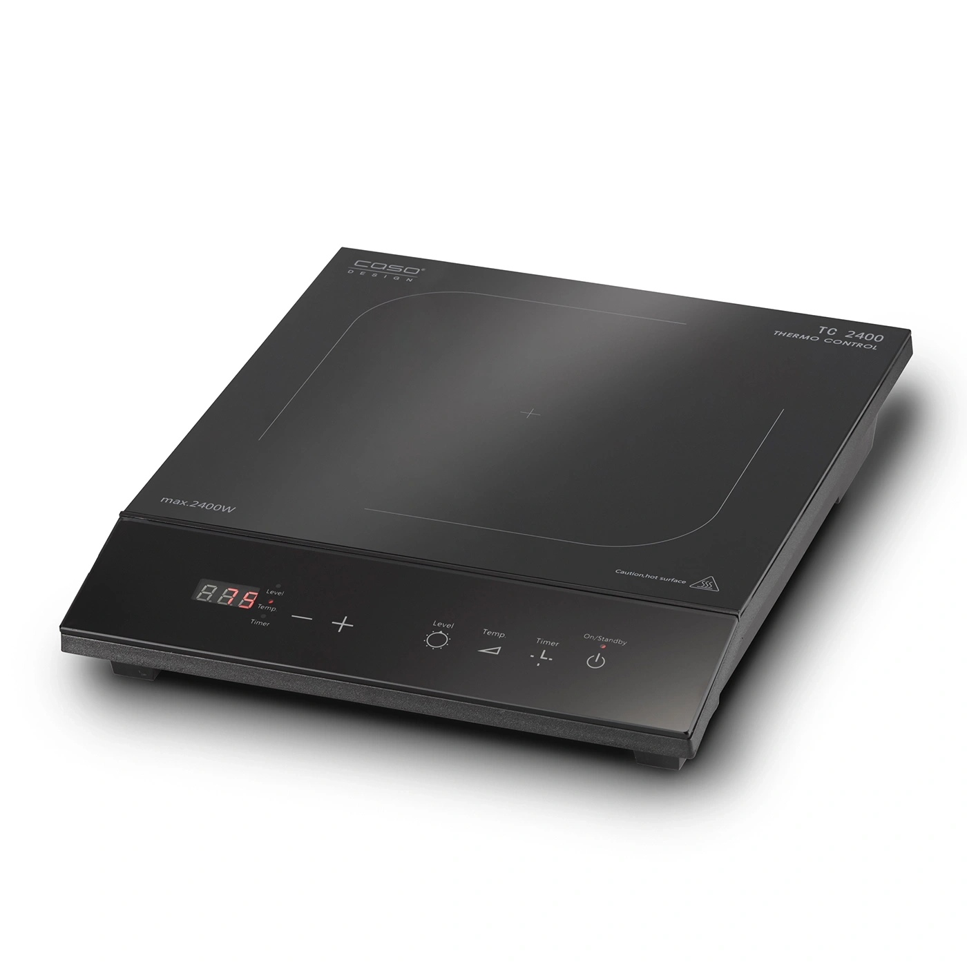 Black induction cooktop with display, temperature control, timer, and hot surface warning.