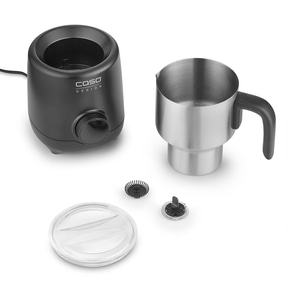 Milchaufschäumer mit Zubehör, Edelstahl-Becher, Deckel und Basisstation