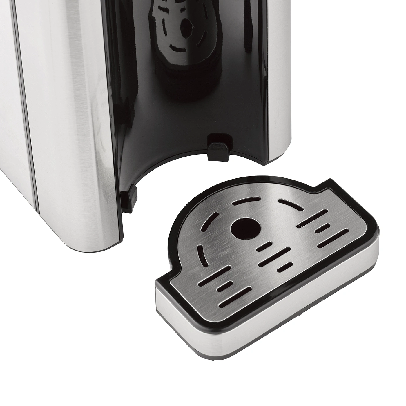 Coffee machine with removable drip tray, stainless steel and black, close-up shot