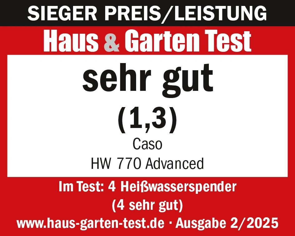 Haus & Garten Test award: very good (1.3) for Caso HW 770 Advanced.