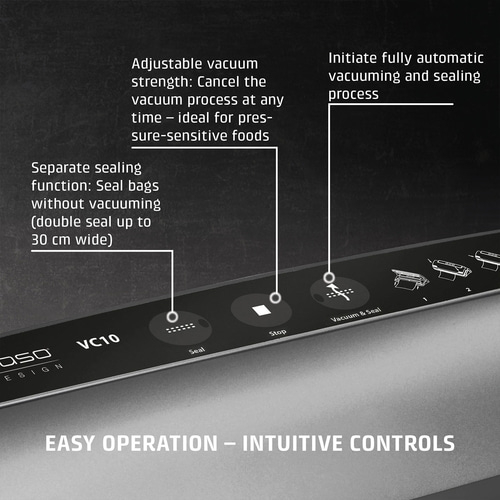 Vacuum sealer with features: vacuum, seal, stop, easy to use, for food preservation.