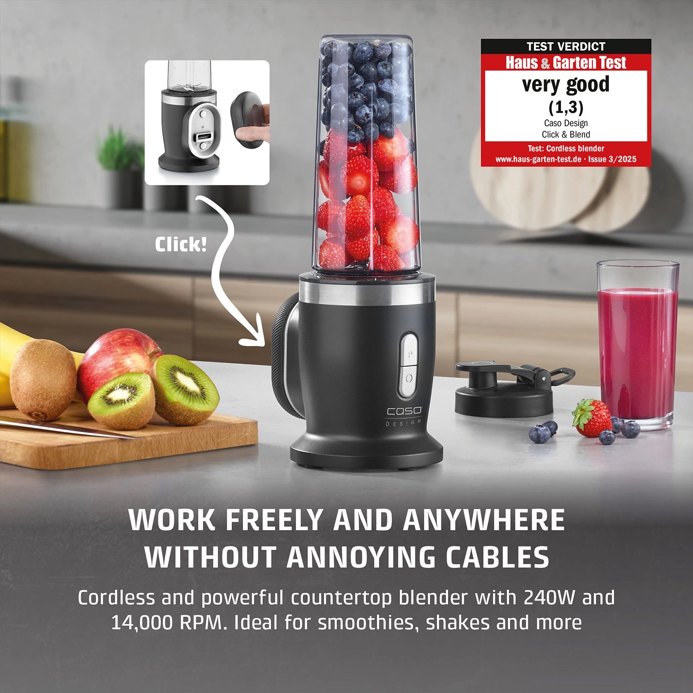 A cordless blender with fruits and a glass of juice.