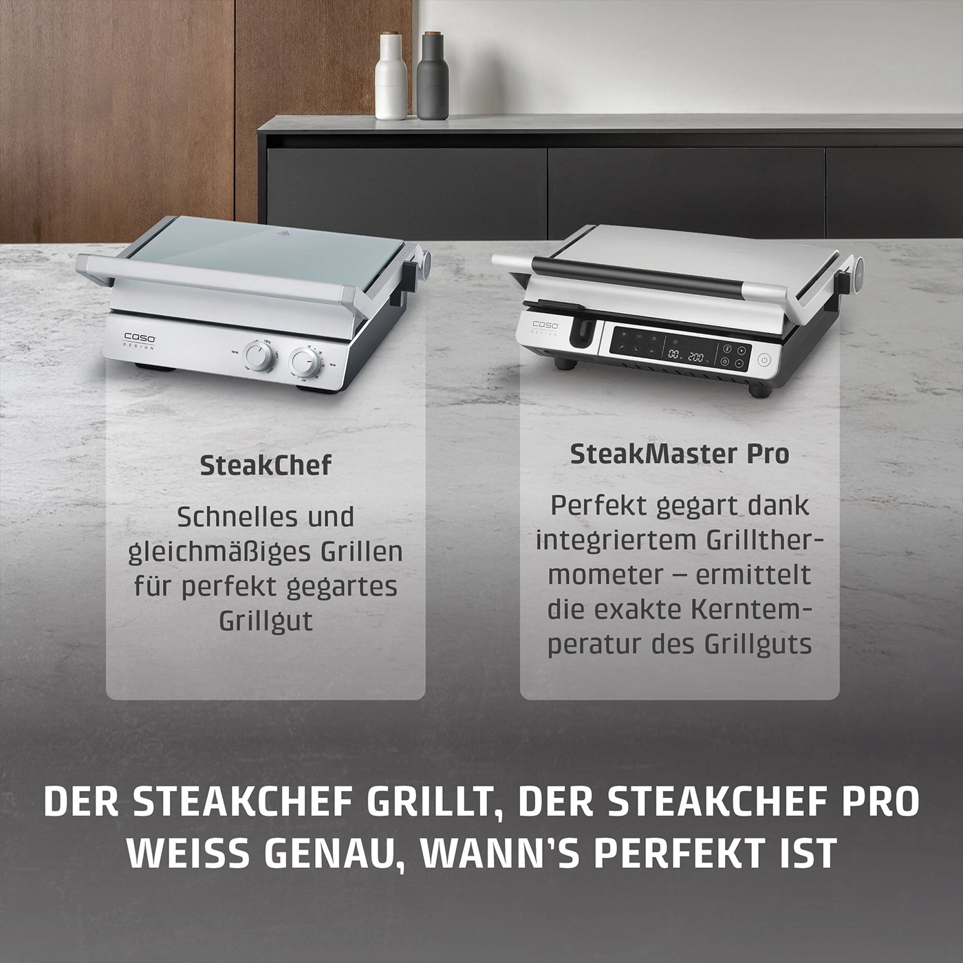 Zwei Caso Grillgeräte, SteakChef und SteakMaster Pro, auf einer Arbeitsplatte.