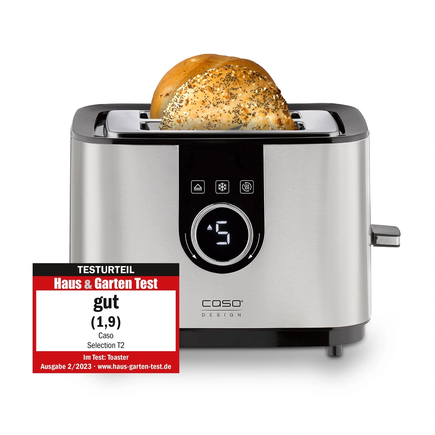 Toaster mit Brötchen, Bewertung 'gut' von Haus & Garten Test, Caso Selection T2