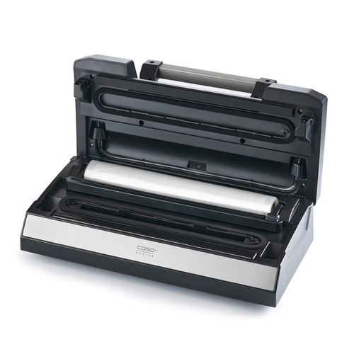 Vacuum sealer, open, with roll, black and silver, Caso Design
