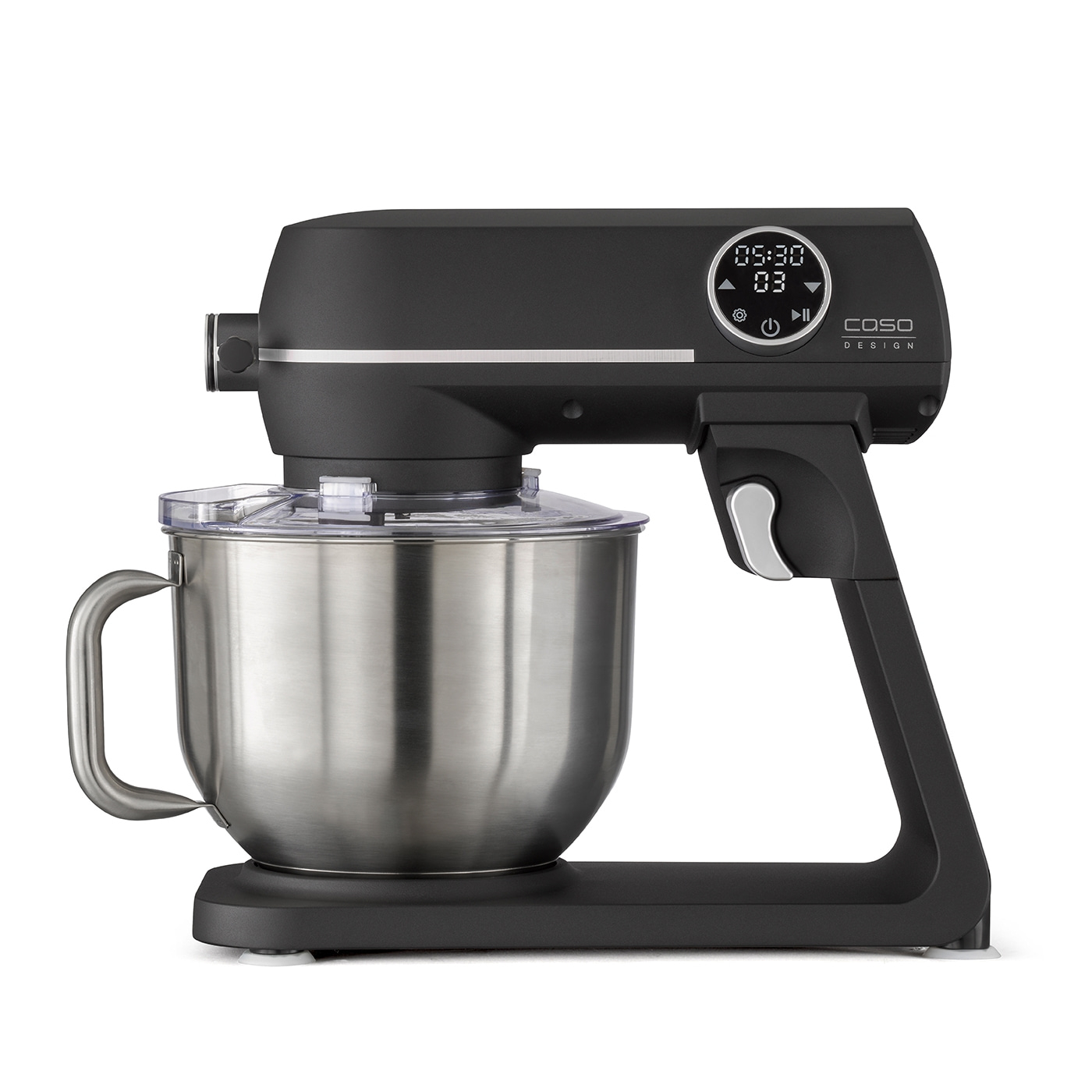 Schwarze Küchenmaschine mit Edelstahl-Schüssel und digitaler Anzeige, Caso Design.
