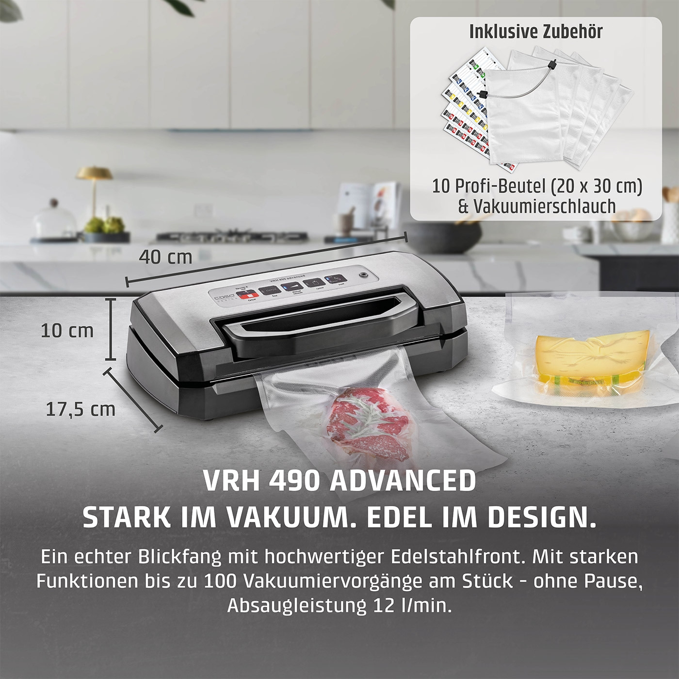 Vacuum sealer with accessories, dimensions, and descriptive text.