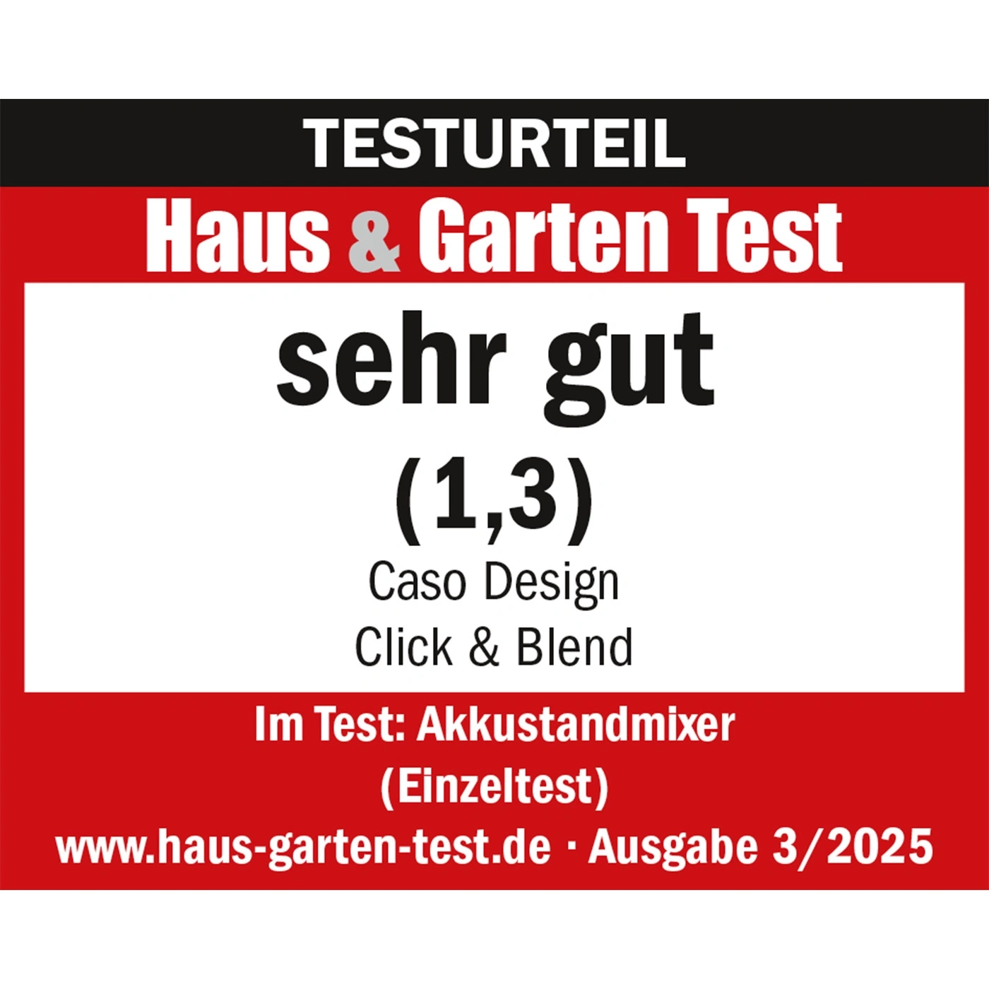 Test result Haus & Garten Test very good (1.3) Caso Design Click & Blend battery mixer