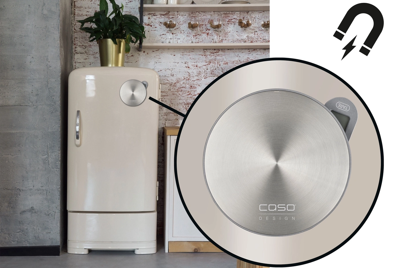 Refrigerator with magnetic scale. Stainless steel design. Kitchen. Magnet. Caso Design.