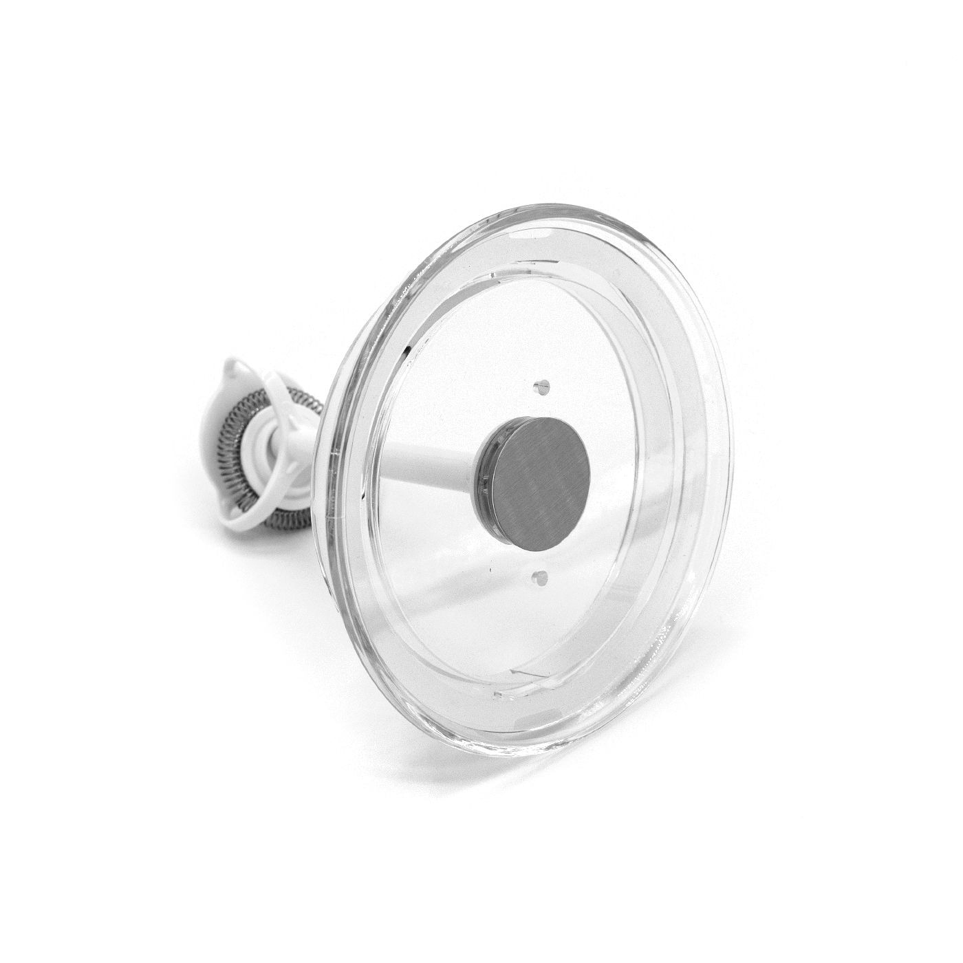 Transparenter Gegenstand mit Metall und Spirale auf weißem Hintergrund.