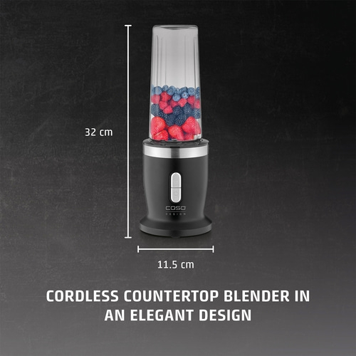 Cordless stand mixer, 32 cm high, 11.5 cm wide, filled with berries, elegant design