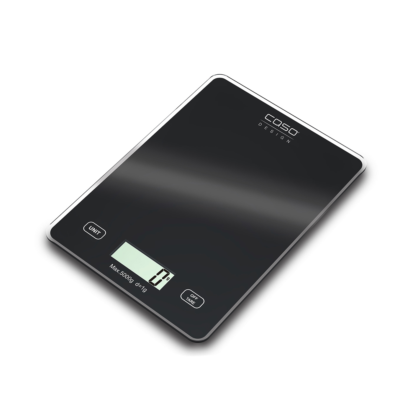 Black digital kitchen scale displaying 0 g, with 'CASO DESIGN' branding and buttons